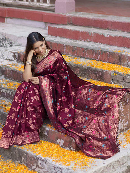 [Ready SG Stock] Wine Banarasi Silk Floral Saree with attached Blouse Material - Indian saree