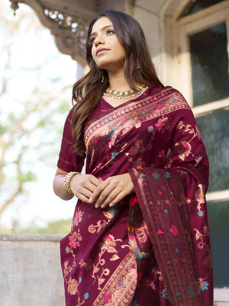 [Ready SG Stock] Wine Banarasi Silk Floral Saree with attached Blouse Material - Indian saree