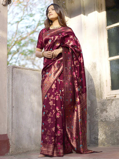 [Ready SG Stock] Wine Banarasi Silk Floral Saree with attached Blouse Material - Indian saree