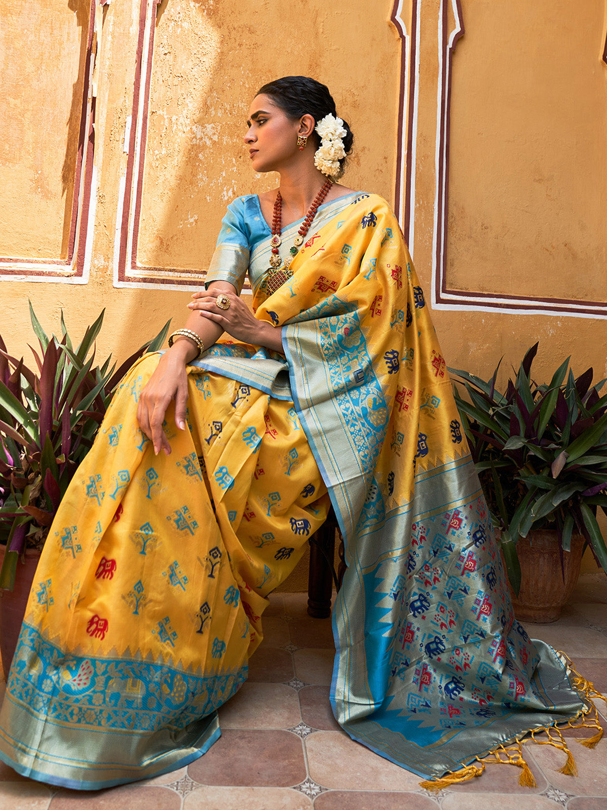 [Ready SG Stock] Yellow Cotton Silk Woven Ethnic Motifs Saree with attached Blouse Material - Indian saree