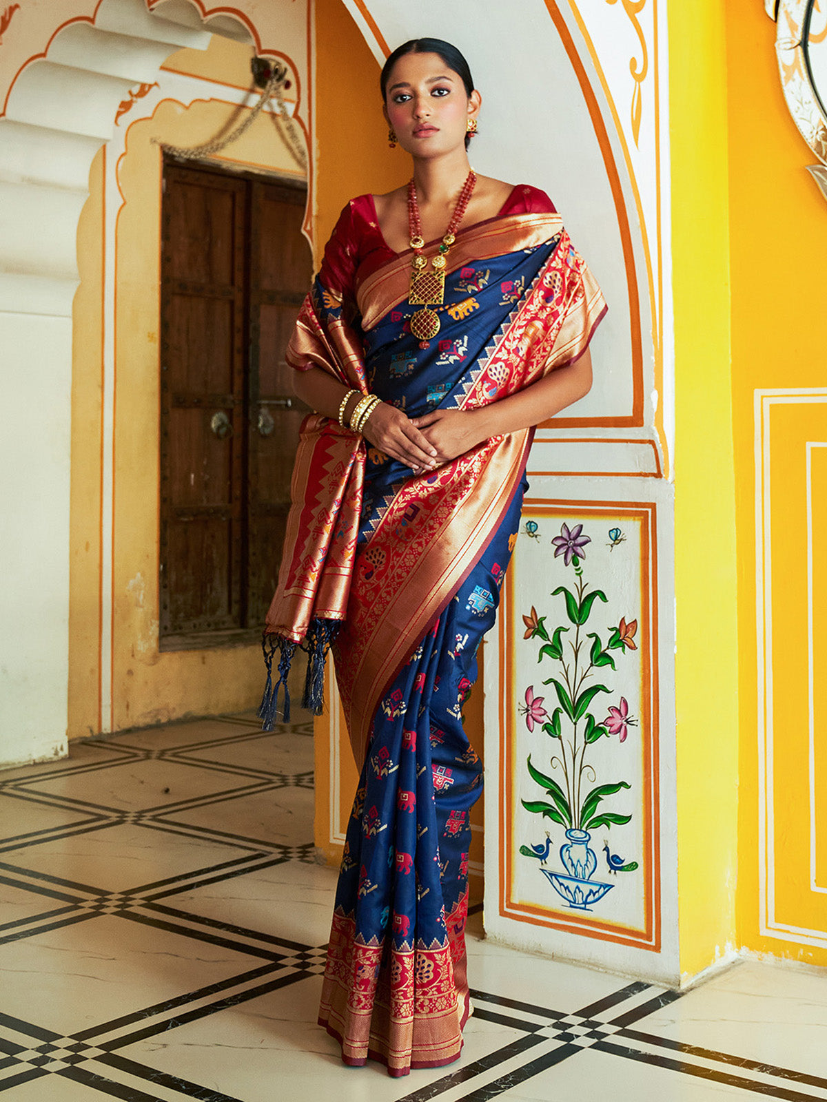 [Ready SG Stock] Blue Cotton Silk Woven Ethnic Motifs Saree with attached Blouse Material - Indian saree