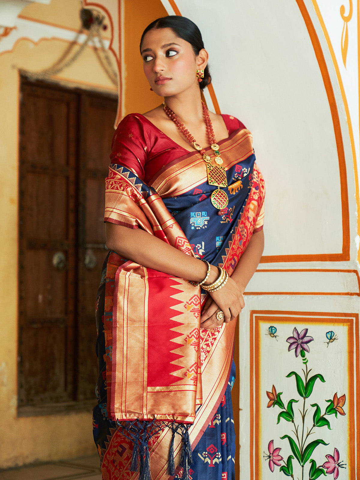 [Ready SG Stock] Blue Cotton Silk Woven Ethnic Motifs Saree with attached Blouse Material - Indian saree