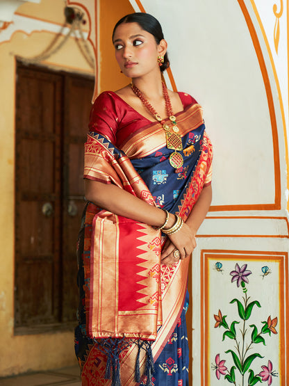 [Ready SG Stock] Blue Cotton Silk Woven Ethnic Motifs Saree with attached Blouse Material - Indian saree
