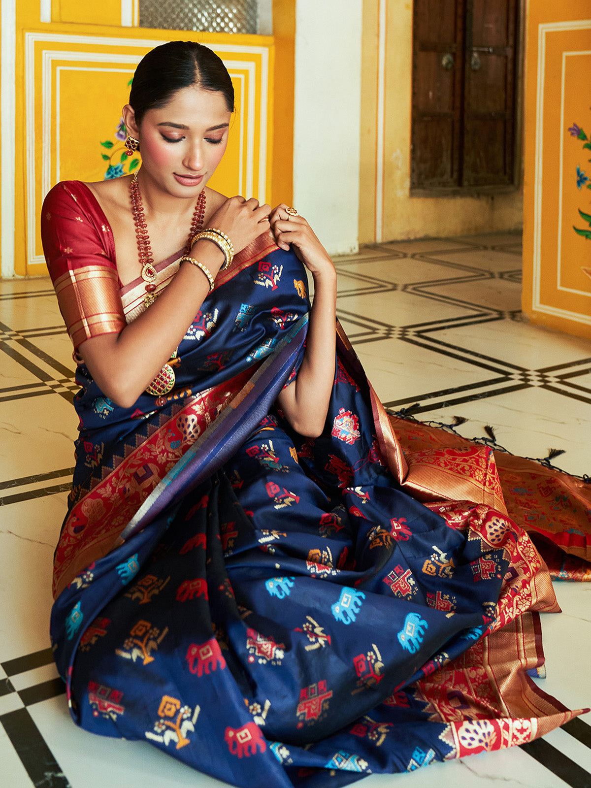 [Ready SG Stock] Blue Cotton Silk Woven Ethnic Motifs Saree with attached Blouse Material - Indian saree