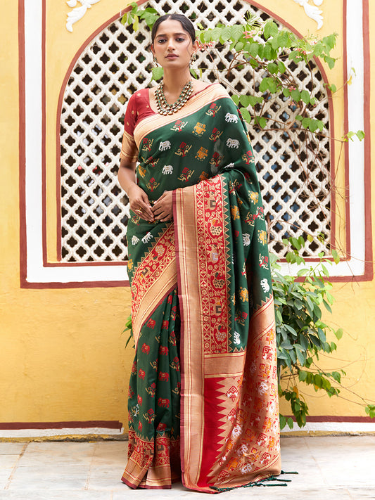 [Ready SG Stock] Green Cotton Silk Woven Ethnic Motifs Saree with attached Blouse Material - Indian saree