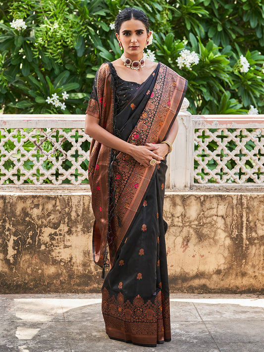 [Ready SG Stock] - Beautiful Black Banarasi Silk Woven Contrast Floral Design Saree with attached Blouse Material - Indian saree