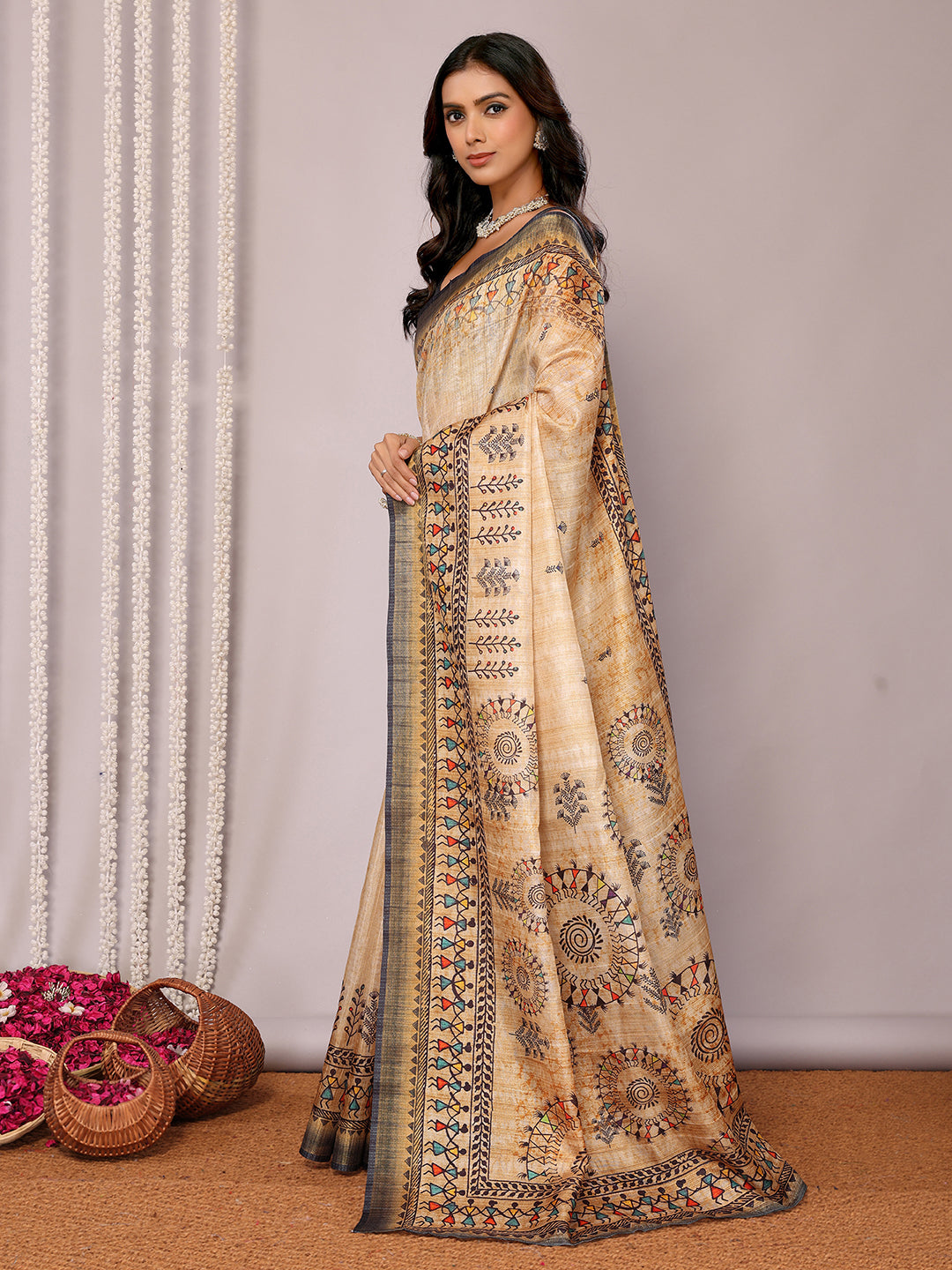 [Ready Stock-Zip & Go Saree]Warli Printed Beige Chanderi Silk Saree with Ready Blouse, Linings