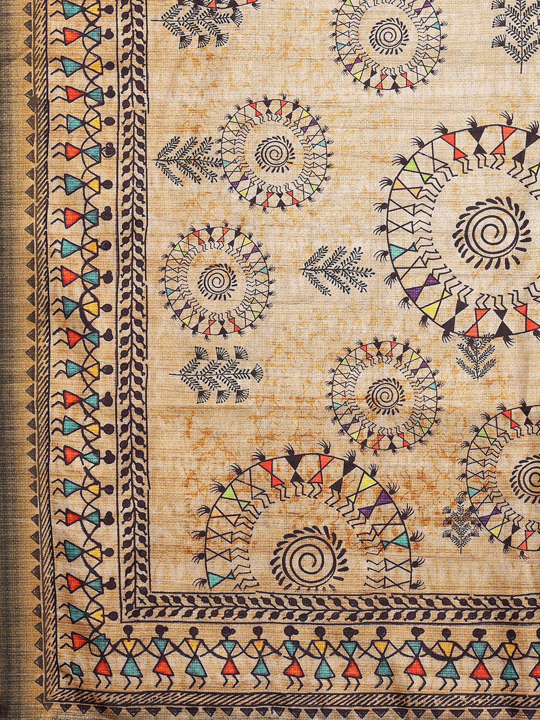 [Ready Stock-Zip & Go Saree]Warli Printed Beige Chanderi Silk Saree with Ready Blouse, Linings