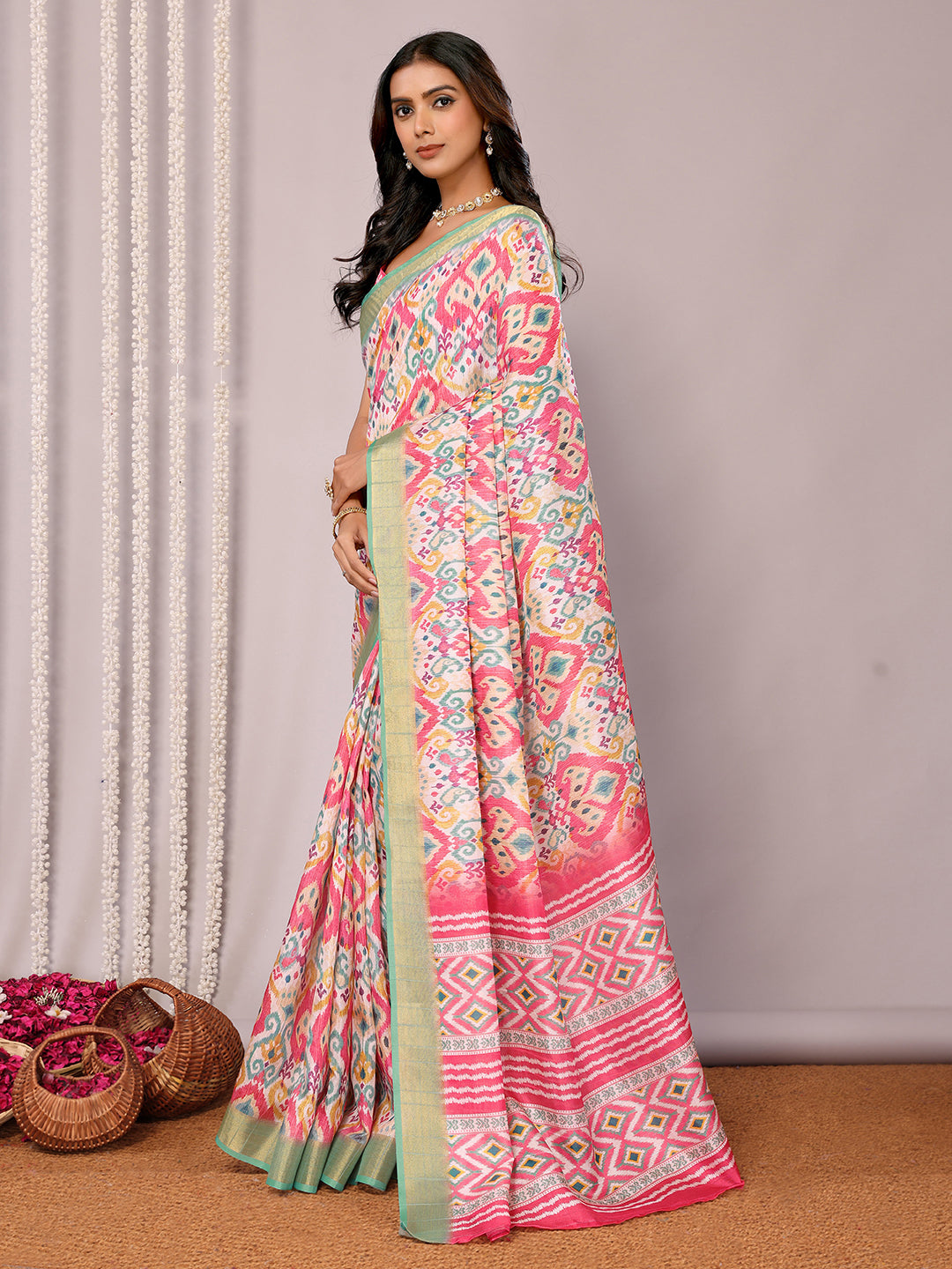[Ready Stock-Zip & Go Saree]Pink Chanderi Silk Saree with Ready Blouse, Linings