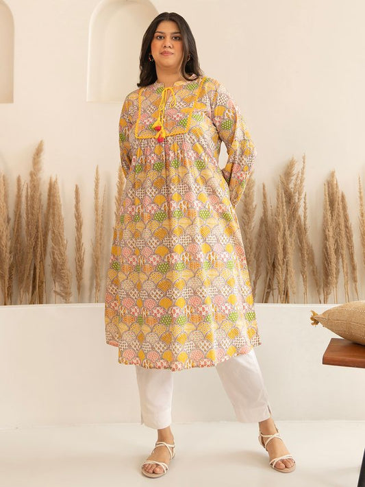 [Ready SG Stock] Plus Size Multicolor Cotton Ethnic Motifs A-Line Casual Only Kurta for Women with Bishop Sleeves [ Indian Dresses ]