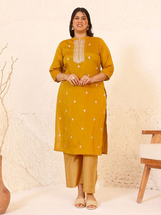 [Ready SG Stock] Plus Size Mustard Crepe Silk Blend Embroidered Straight kurti \ Only Top [ Indian Dresses ]