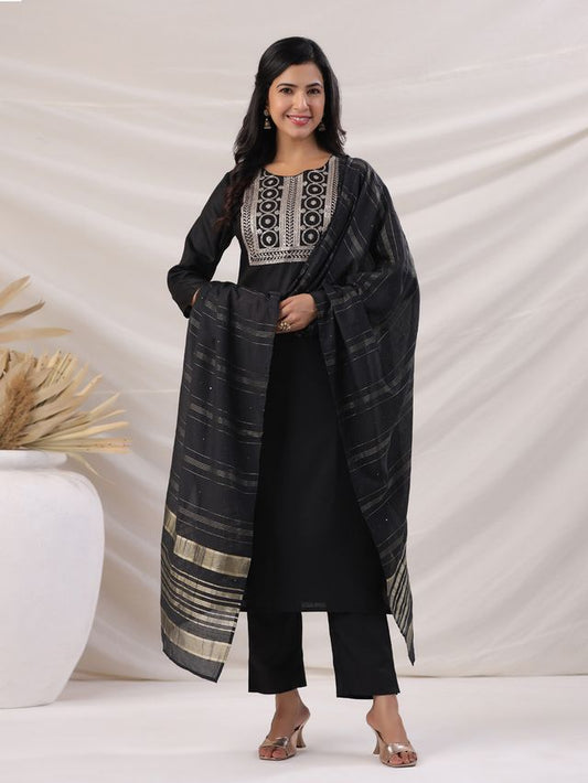 [ Ready SG Stock ] Black Cotton Blend Yoke Embroidered Straight Kurta Set Punjabi Suit with Dupatta [ Indian Dresses ]
