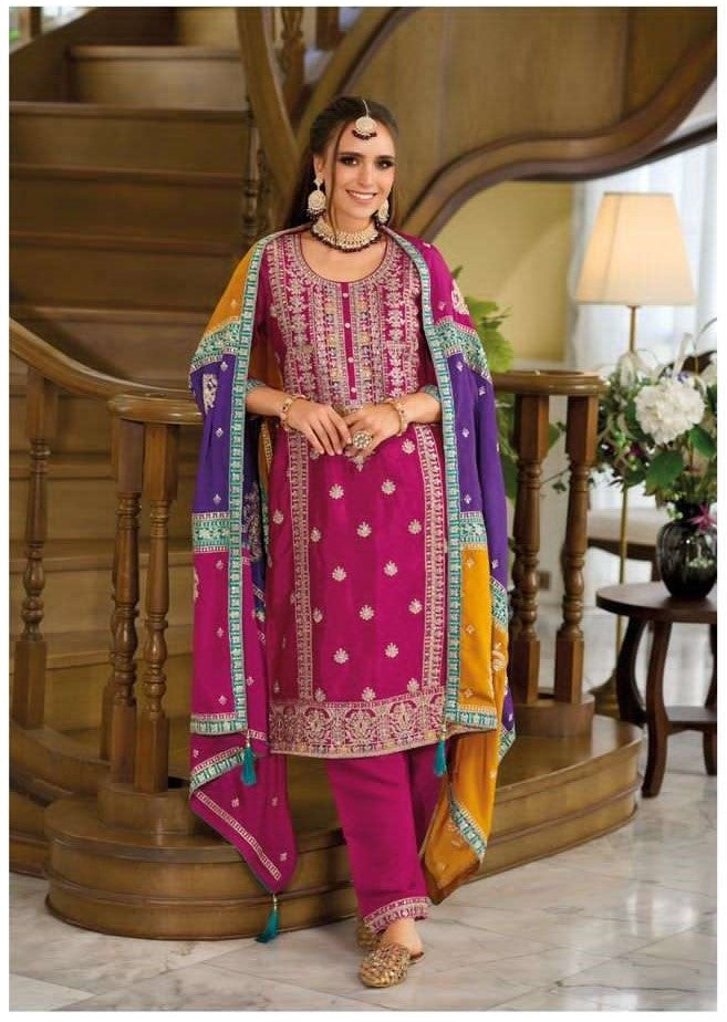 [Ready SG Stock] Party, Wedding-Wear Multi-Color Dupatta, Pure Chinon Silk 3 Pcs Punjabi Suit + Top Inner[ Premium Indian Dresses]