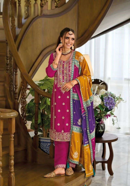 [Ready SG Stock] Party, Wedding-Wear Multi-Color Dupatta, Pure Chinon Silk 3 Pcs Punjabi Suit + Top Inner[ Premium Indian Dresses]