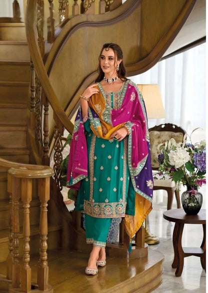 [Ready SG Stock] Party, Wedding-Wear Multi-Color Dupatta, Pure Chinon Silk 3 Pcs Punjabi Suit + Top Inner[ Premium Indian Dresses]