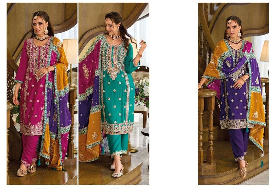 [Ready SG Stock] Party, Wedding-Wear Multi-Color Dupatta, Pure Chinon Silk 3 Pcs Punjabi Suit + Top Inner[ Premium Indian Dresses]