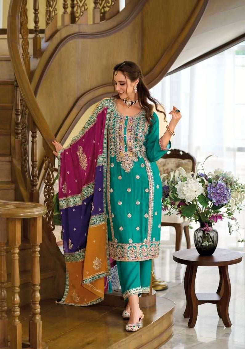 [Ready SG Stock] Party, Wedding-Wear Multi-Color Dupatta, Pure Chinon Silk 3 Pcs Punjabi Suit + Top Inner[ Premium Indian Dresses]