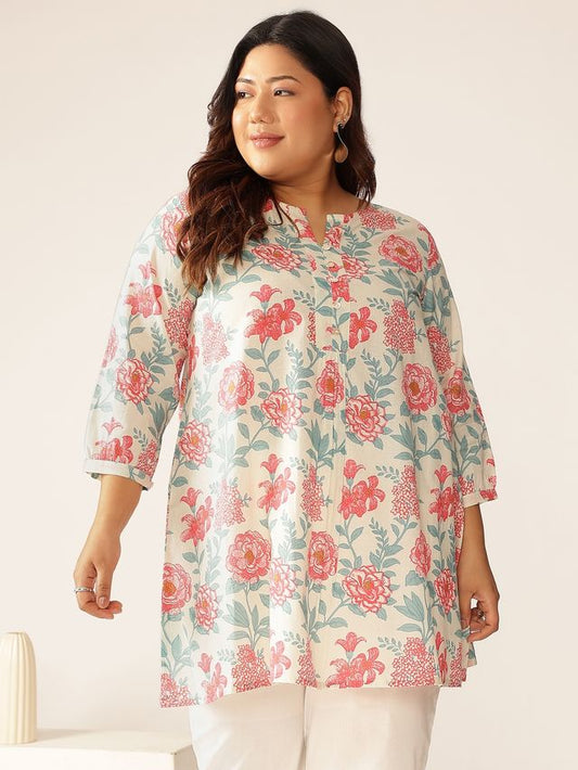 [Ready SG Stock] Plus Size Off White Pure Cotton Floral A-line Only Top \ Tunic  [ Casual Indian Dresses ]