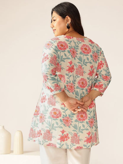 [Ready SG Stock] Plus Size Off White Pure Cotton Floral A-line Only Top \ Tunic  [ Casual Indian Dresses ]