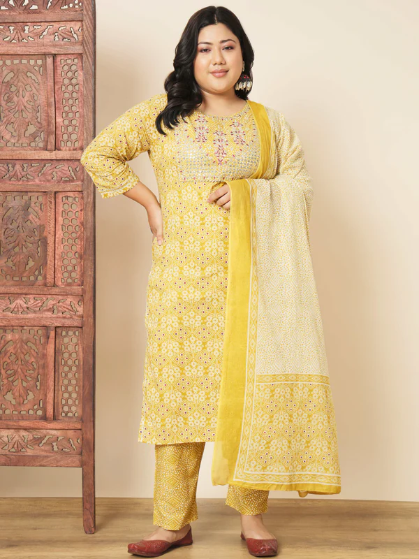 Ready SG Stock- PLUS SIZE YELLOW COTTON STRAIGHT PUNJABI 3Pcs SET