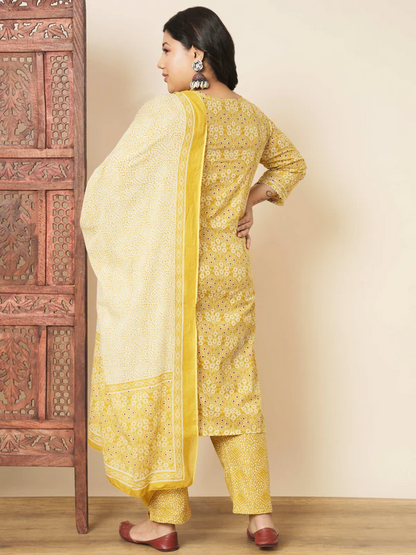 Ready SG Stock- PLUS SIZE YELLOW COTTON STRAIGHT PUNJABI 3Pcs SET