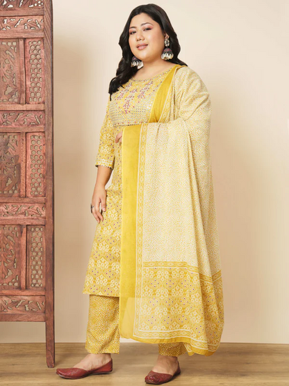 Ready SG Stock- PLUS SIZE YELLOW COTTON STRAIGHT PUNJABI 3Pcs SET