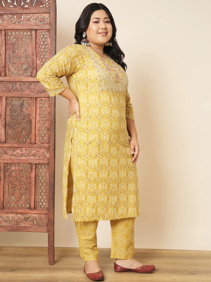 Ready SG Stock- PLUS SIZE YELLOW COTTON STRAIGHT PUNJABI 3Pcs SET