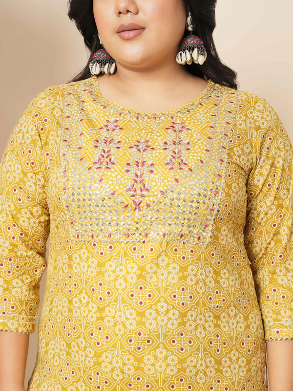 Ready SG Stock- PLUS SIZE YELLOW COTTON STRAIGHT PUNJABI 3Pcs SET