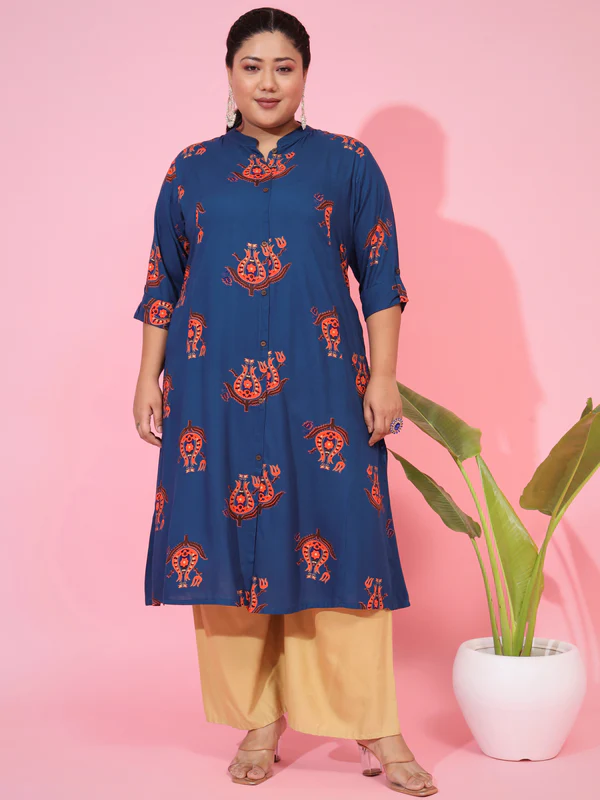 Ready SG Stock- PLUS SIZE BLUE RAYON A-LINE KURTA- Indian Dresses