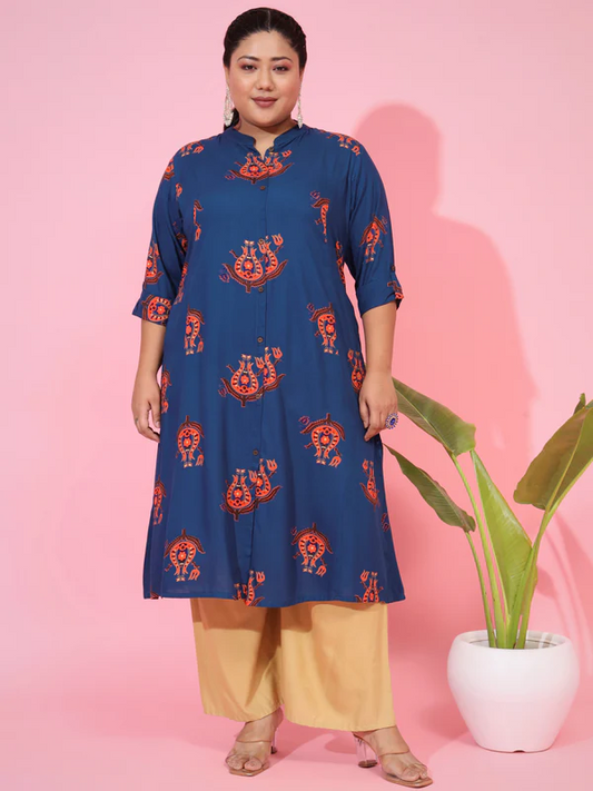 Ready SG Stock- PLUS SIZE BLUE RAYON A-LINE KURTA- Indian Dresses