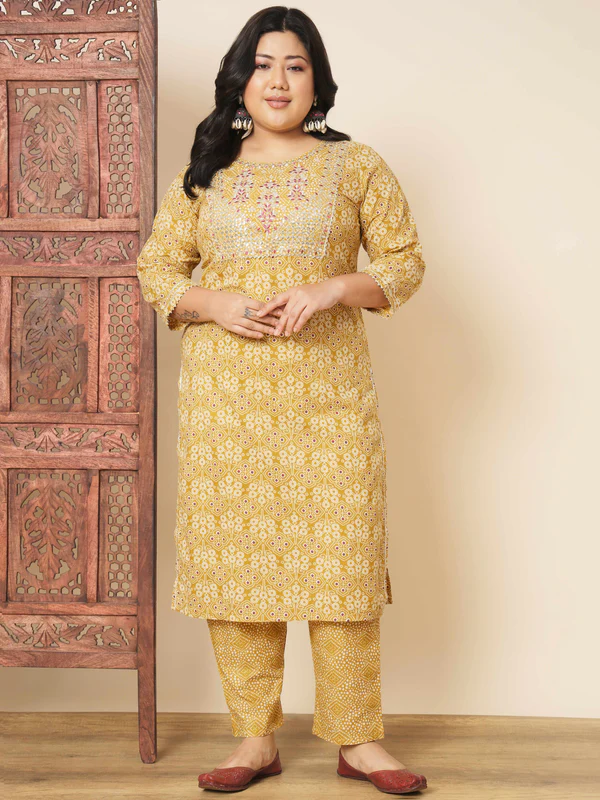 Ready SG Stock- PLUS SIZE YELLOW COTTON STRAIGHT PUNJABI 3Pcs SET