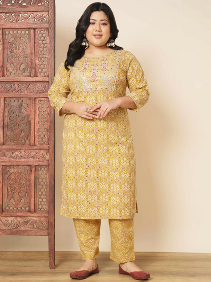 Ready SG Stock- PLUS SIZE YELLOW COTTON STRAIGHT PUNJABI 3Pcs SET