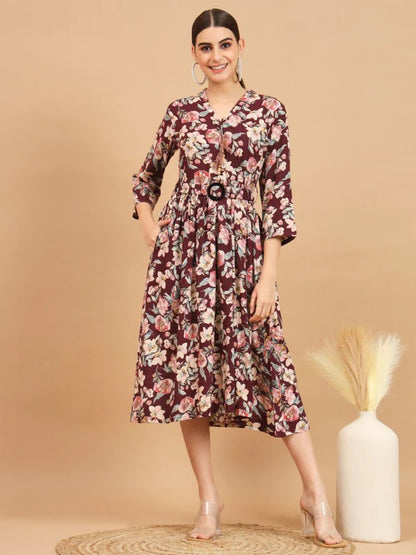 [ Ready SG Stock ] Wine Rayon Flared Midi-Dress- Indian Dresses