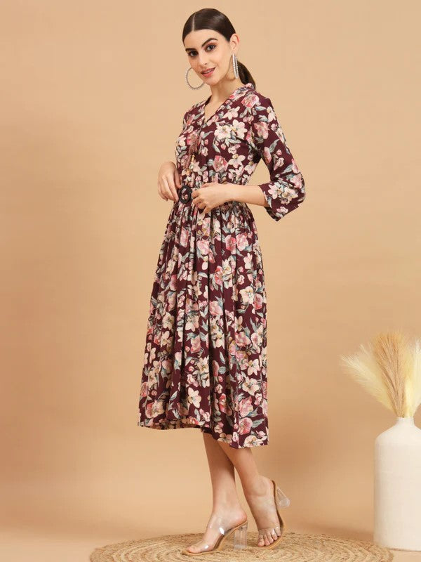 [ Ready SG Stock ] Wine Rayon Flared Midi-Dress- Indian Dresses