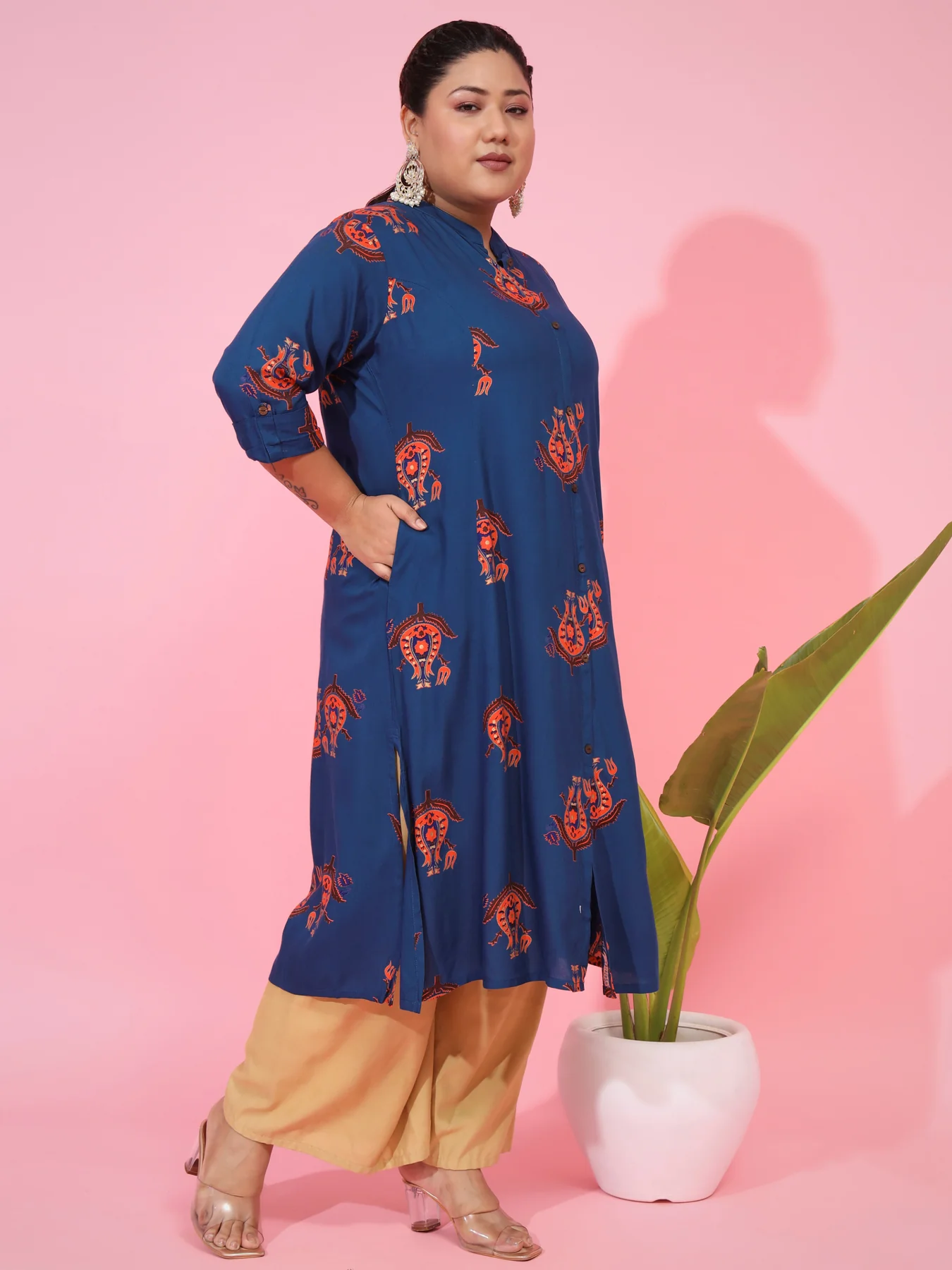 Ready SG Stock- PLUS SIZE BLUE RAYON A-LINE KURTA- Indian Dresses