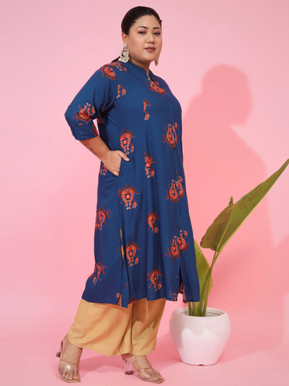 Ready SG Stock- PLUS SIZE BLUE RAYON A-LINE KURTA- Indian Dresses