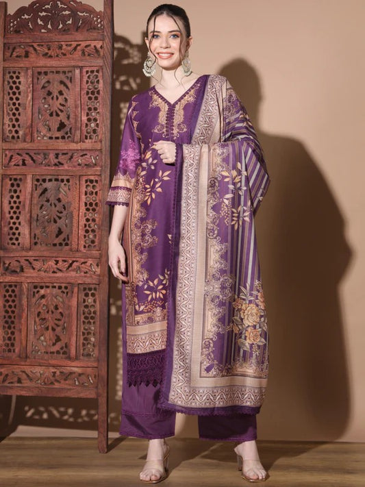 [ Ready SG Stock ] Purple Muslin Straight Pakistani Punjabi Suit with Full Inner- Indian Dresses