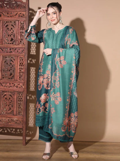 [ Ready SG Stock ] Green Muslin Straight Pakistani Punjabi Suit with Full Inner- Indian Dresses