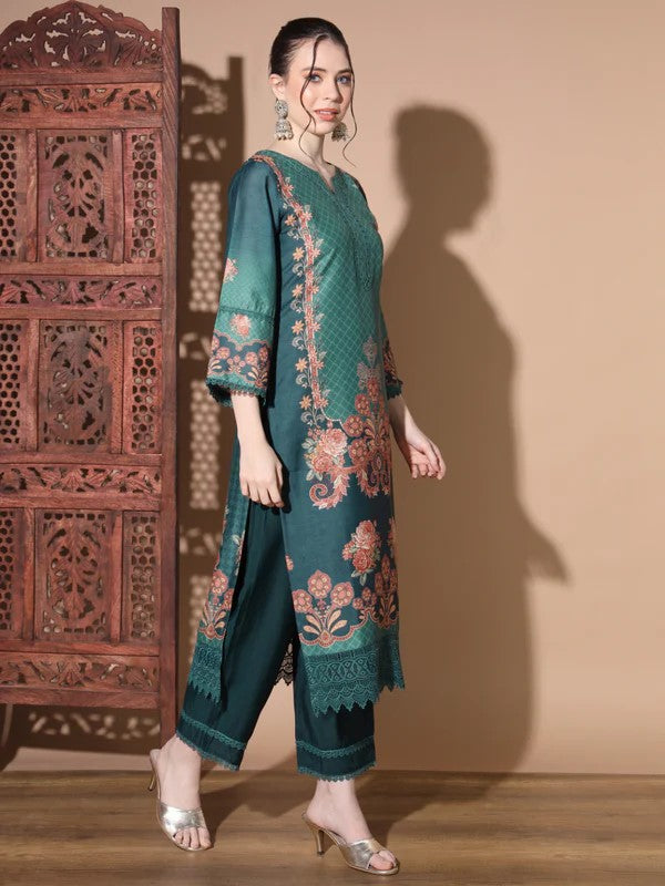 [ Ready SG Stock ] Green Muslin Straight Pakistani Punjabi Suit with Full Inner- Indian Dresses