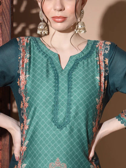 [ Ready SG Stock ] Green Muslin Straight Pakistani Punjabi Suit with Full Inner- Indian Dresses