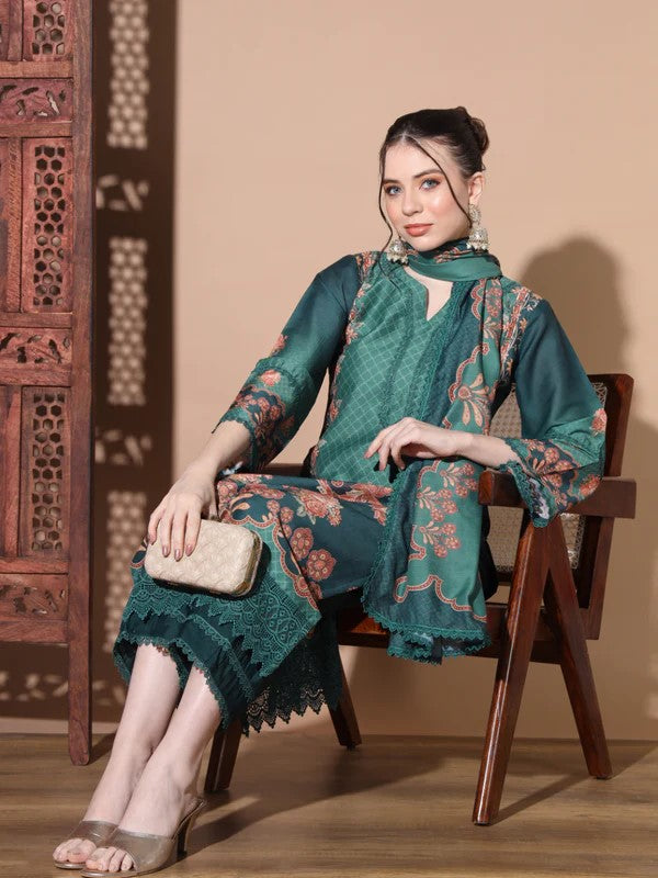 [ Ready SG Stock ] Green Muslin Straight Pakistani Punjabi Suit with Full Inner- Indian Dresses