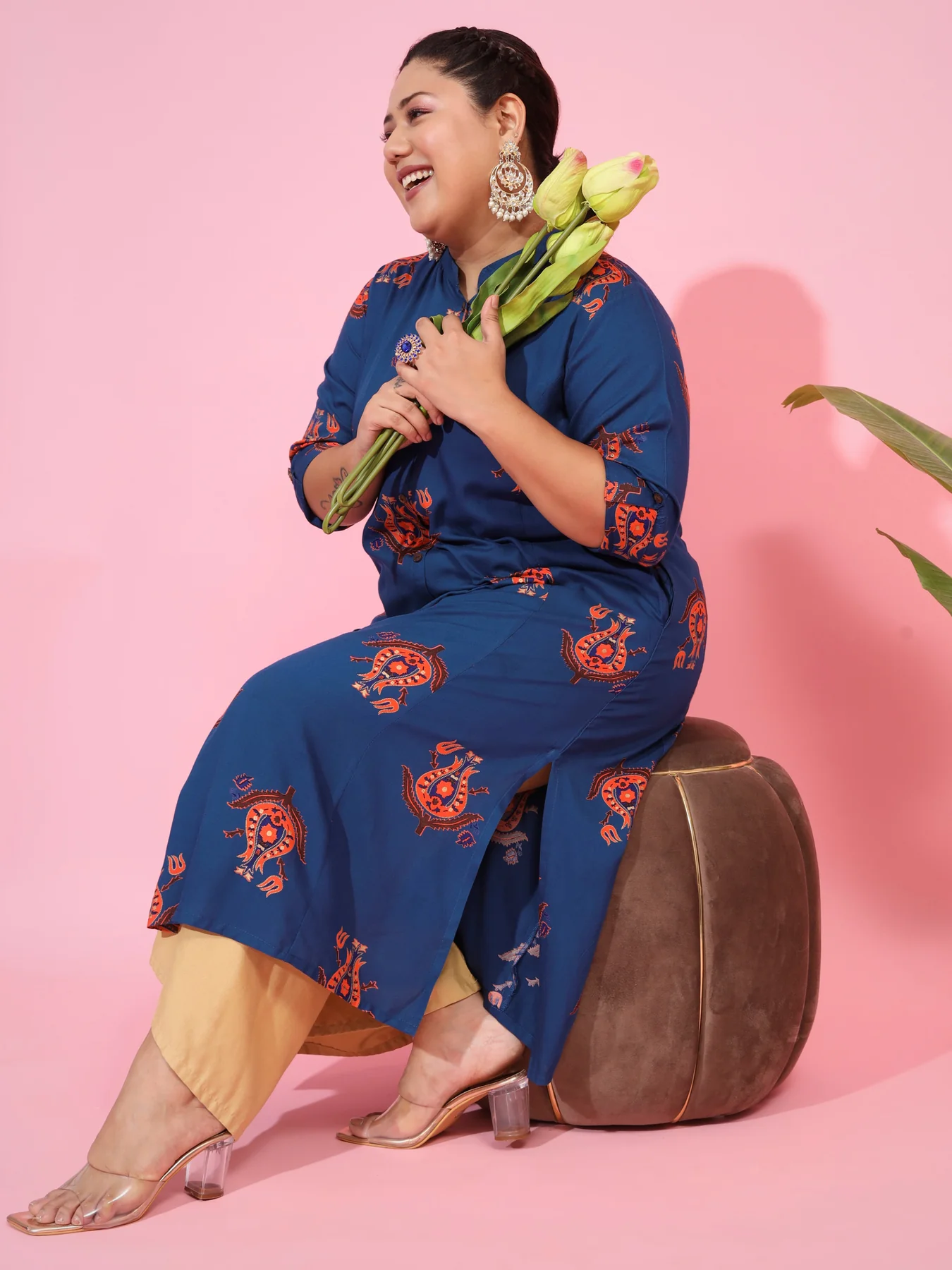 Ready SG Stock- PLUS SIZE BLUE RAYON A-LINE KURTA- Indian Dresses