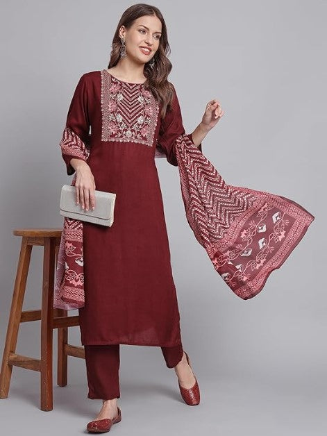 [ Ready SG Stock ] Women Maroon Floral Embroidered Rayon Punjabi Suit \ Kurta With Pant & Dupatta - Indian Dresses