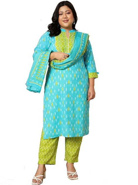 [Ready SG Stock] Plus Size Sky Blue Embroidered Cotton Kurta Set with Dupatta - Traditional Women's Dress by intrend Dresses