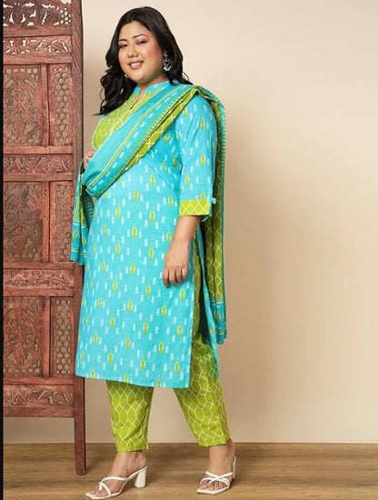 [Ready SG Stock] Plus Size Sky Blue Embroidered Cotton Kurta Set with Dupatta - Traditional Women's Dress by intrend Dresses