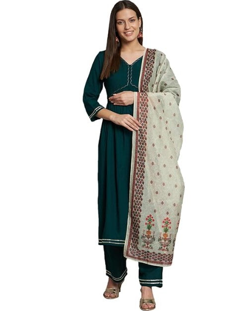 [ Ready SG Stock ] Women's Green Rayon Aliya Style Kurta with Palazzo & Dupatta Punjabi Suit- Indian Dresses