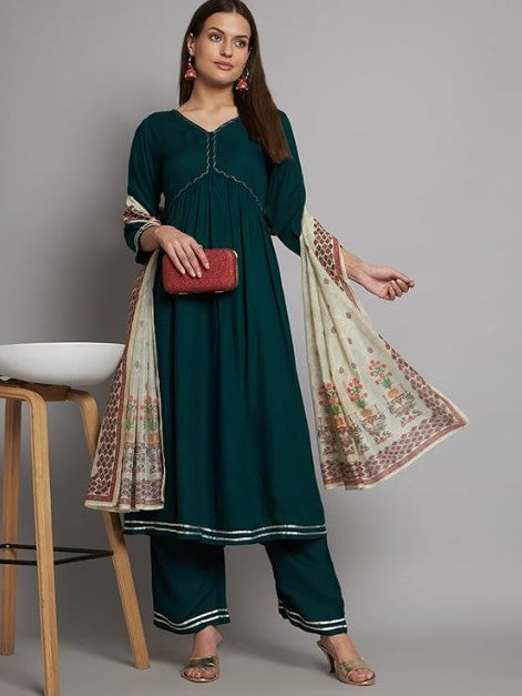 [ Ready SG Stock ] Women's Green Rayon Aliya Style Kurta with Palazzo & Dupatta Punjabi Suit- Indian Dresses