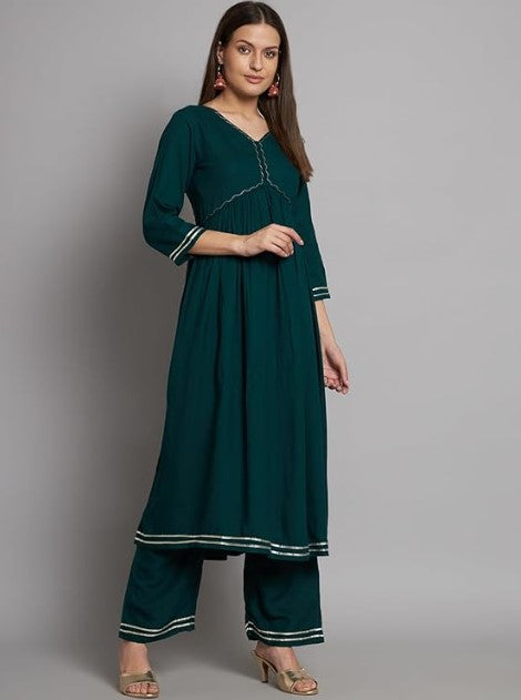 [ Ready SG Stock ] Women's Green Rayon Aliya Style Kurta with Palazzo & Dupatta Punjabi Suit- Indian Dresses