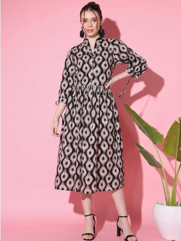 [ Ready SG Stock ] Mock Collar Ethnic Motifs Printed Pleated Cotton A-Line Midi Dress- Indian Dresses