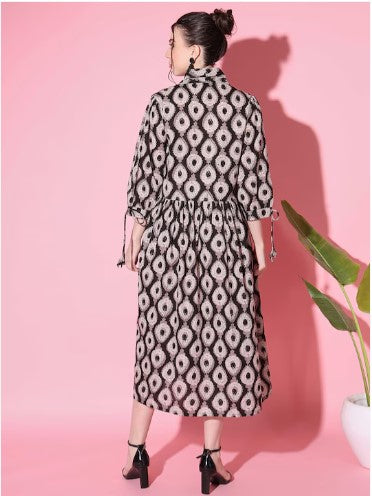 [ Ready SG Stock ] Mock Collar Ethnic Motifs Printed Pleated Cotton A-Line Midi Dress- Indian Dresses